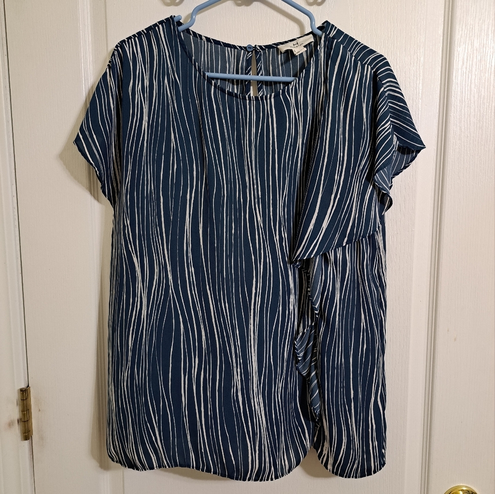 H By Halston Women’s Blue White Stripe Ruffle Front Blouse Size Medium